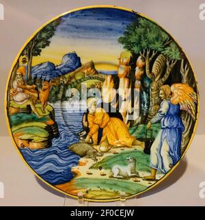 Plaque représentant Tobias et l'Ange, Urbino, Italie, c. 1550, faïence émaillée Banque D'Images