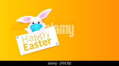 lapin portant un masque pour empêcher covid-19 joyeuses pâques vacances de printemps célébration coronavirus quarantaine concept mignon lapin autocollant horizontal illustration du vecteur Illustration de Vecteur