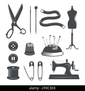 Ensemble d'icônes isolées noires avec kit d'outils pour la couture illustration vectorielle sur fond blanc Illustration de Vecteur