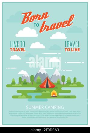 Affiche de camping d'été avec tente feu de camp dans la forêt près des montagnes et rivière sur fond bleu illustration vectorielle Illustration de Vecteur