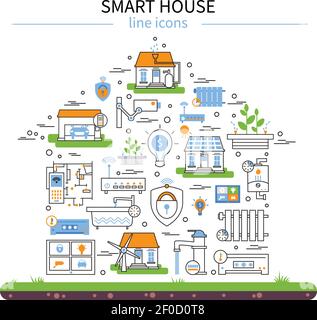 Smart House plat de couleur icône dans le style linéaire et combiné en forme de maison avec l'illustration vectorielle des éléments technologiques Illustration de Vecteur