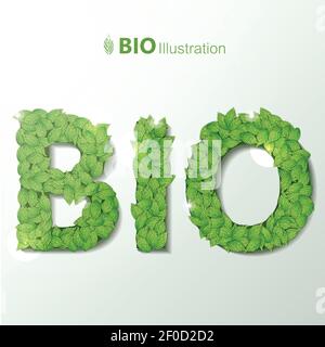 Illustration de vecteur écologique avec texte bio écrit par des lettres faites de la police de guirlande de feuilles vertes Illustration de Vecteur