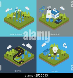 Ecologie isométriques compositions avec énergie verte environnement de production pollution biocarburant illustration du vecteur isolé de recyclage des déchets Illustration de Vecteur