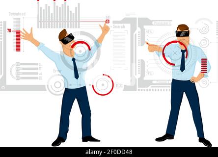 Arrière-plan de style dessin animé avec deux personnages masculins en réalité augmentée casques avec grandes illustrations vectorielles de panneaux tactiles interactifs Illustration de Vecteur
