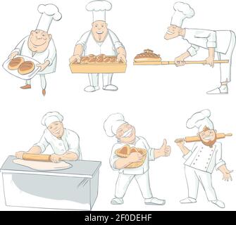 Ensemble de six bakers isolés de style caricature dessinés à la main caractères uniformes avec illustration vectorielle plate de faces différentes Illustration de Vecteur