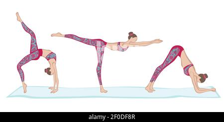 illustration vectorielle d'une fille dans une pose de yoga sur le tapis, femme figure sports s'étendant sur un fond blanc, combinaison de sport avec des motifs orientaux Illustration de Vecteur