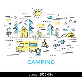 Composition de camping colorée dans le style linéaire avec la machine et arbres autour de l'illustration vectorielle Illustration de Vecteur