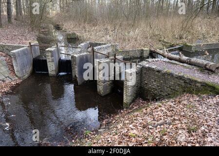 Vestiges de l'installation d'essais en laboratoire dans la forêt de Waterloopbos aux pays-Bas, utilisée dans les années 1960 pour le développement des ouvrages d'eau et de delta Banque D'Images