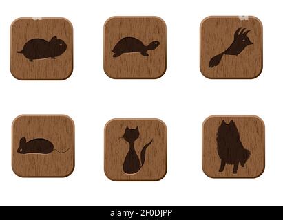 Icônes en bois avec silhouettes pour animaux. Banque D'Images