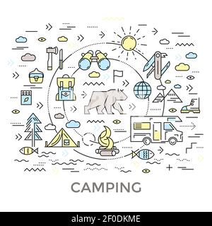 Composition ronde de camping de style linéaire avec Icon Set et illustration du vecteur de tourbillon ou de cercle de ligne Illustration de Vecteur