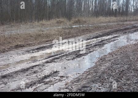 Route de terre avec boue liquide et bas de porte au début du printemps. Traces de voiture coincée. Banque D'Images