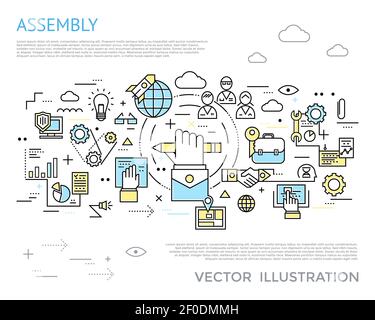 Concept horizontal d'assemblage coloré de style linéaire avec travail automatique et illustration vectorielle de la technologie Illustration de Vecteur