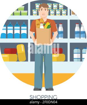 Motif tour de shopping avec jeune homme tenant un sac en papier avec illustration vectorielle de fond des marchandises sur les étagères de supermarché Illustration de Vecteur