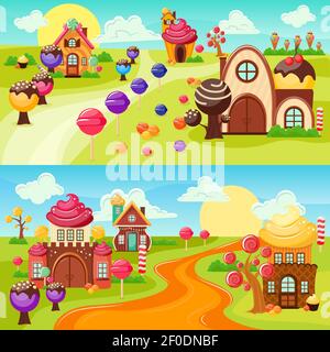 Des bonbons et des banderoles horizontales sont mis en place avec un dessin animé coloré illustration de maisons du monde de style et de vecteur de route de campagne Illustration de Vecteur