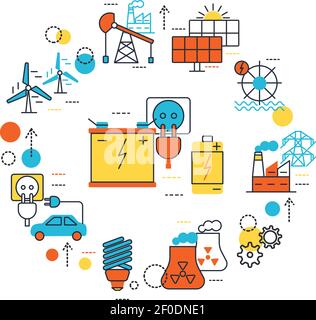 Composition de lignes de sources d'énergie avec ensemble d'icônes isolées combiné dans cercle sur l'illustration vectorielle de thème Illustration de Vecteur