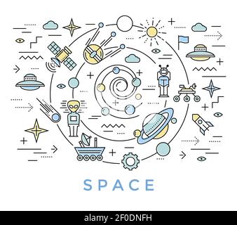 Art de la ligne de l'espace avec grand tourbillon sur lequel satellites et les objets volants se déplacent dans l'illustration vectorielle de l'univers Illustration de Vecteur