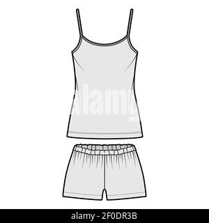 Caraco Pajama Short Sleepwear technique mode illustration avec décolleté rond Cami, longueur mini, large, taille élastique basse. Vêtements plats sur le devant, style gris. Femmes, hommes unisex CAD maquette Illustration de Vecteur