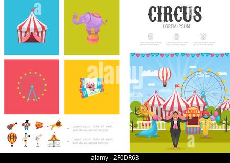 Concept d'infographie de cirque plat avec magicien acrobat clown strongman formé animaux ferris caressels tentes billets canon illustration vectorielle Illustration de Vecteur