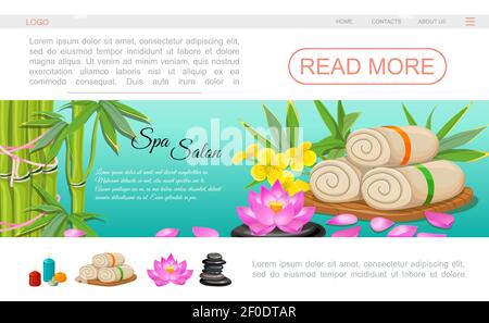 Modèle de page d'accueil du salon de spa avec serviettes fleur de lotus bambou arôme bougies pierres illustration vectorielle Illustration de Vecteur