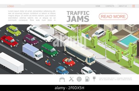 Modèle de page Web isométrique d'embouteillage avec différentes voitures en mouvement sur route en ville Illustration de Vecteur