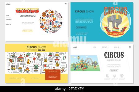 Site Web de cirque plat avec tente strongman formé animaux acrobat clown magicien carrousels canon des éléments de billets et des icônes linéaires vecteur illustrateur Illustration de Vecteur