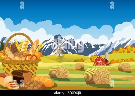 Dessin animé belle scène de ferme d'automne Illustration de Vecteur