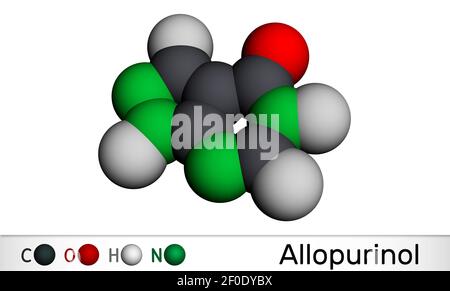 Molécule d'Allopurinol. Le médicament est un inhibiteur de la xanthine oxydase, utilisé pour diminuer les niveaux élevés d'acide urique dans le sang. Modèle moléculaire. Rendu 3D. Illustration 3D Banque D'Images