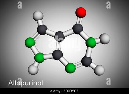 Molécule d'Allopurinol. Le médicament est un inhibiteur de la xanthine oxydase, utilisé pour diminuer les niveaux élevés d'acide urique dans le sang. Modèle moléculaire. Rendu 3D. Illustration 3D Banque D'Images