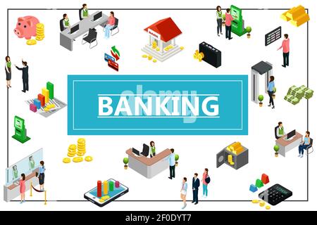 Concept de banque isométrique avec pièces de monnaie de construction barres d'or sûres calculatrice guichet automatique guichet automatique porggy banque réceptionniste caissière consultant gestionnaires clients Illustration de Vecteur