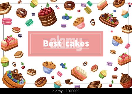Dessins animés bonbons concept coloré avec gâteaux tourte tranches beignets muffins cupcakes macarons baies et noix dans l'illustration vectorielle Illustration de Vecteur