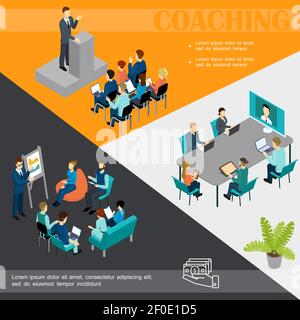 Modèle de coaching d'entreprise isométrique coloré avec homme d'affaires qui parle sur le podium la formation en ligne du personnel et le personnel participent à la conférence vector je Illustration de Vecteur