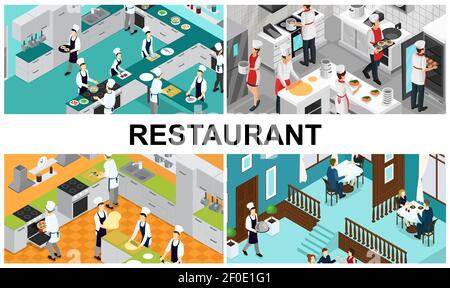 Composition isométrique de la cuisine du restaurant avec des assistants de chefs préparant différents plats éléments intérieurs ustensiles serveur visiteurs manger à des tables Illustration de Vecteur