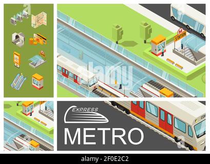 Métro isométrique de composition colorée avec métro passagers de la station de train bus billetterie cartes de voyage carte escalier roulant tunnel turnstiles informations b Illustration de Vecteur