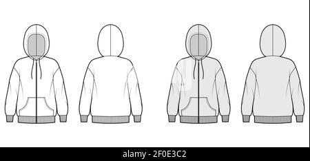 Sweat-shirt à capuche zippé illustration technique de la mode avec manches longues, poche kangourou, poignets côtelés en tricot, ourlet bande. Modèle de vêtement extra-large plat à l'avant, à l'arrière, blanc, de couleur grise. Maquette de CAO pour femmes Illustration de Vecteur