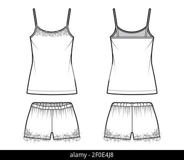 Caraco dentelle Pajama Short Sleepwear technique mode illustration avec décolleté rond Cami, longueur mini, surdimensionné. Vêtements plats vêtement avant dos blanc style de couleur. Femmes hommes unisexe CAD maquette Illustration de Vecteur