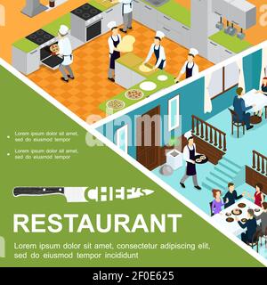 Concept isométrique de cuisine de restaurant avec cuisiniers préparant la pizza dans la cuisine illustration vectorielle pour les serveurs et les visiteurs qui mangent à des tables Illustration de Vecteur