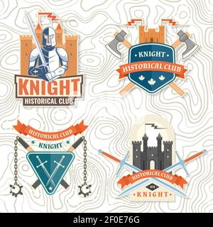 Écusson du club historique Knight, motif t-shirt. Illustration vectorielle. Concept pour chemise, imprimé, timbre, fond de page ou modèle. Motif typographique vintage avec chevalier avec épée et silhouette de château. Illustration de Vecteur