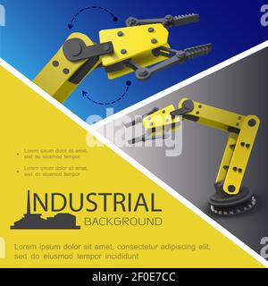 Composition industrielle réaliste avec bras robotisés automatisés sur le bleu et illustration vectorielle d'arrière-plans gris Illustration de Vecteur