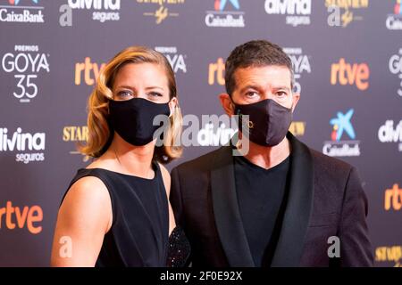 Malaga, Espagne. 6 mars 2021. Maria Casado et Antonio Banderas assistent au tapis rouge précédant le Gala des Goya Awards 2021 à Malaga . 06 mars 2021. Photo d'Alterphotos/Francis González/ABACAPRESS.COM crédit: Abaca Press/Alay Live News Banque D'Images