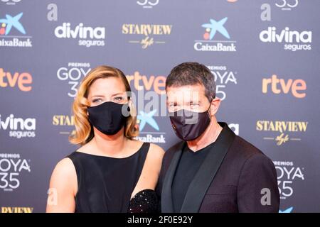 Malaga, Espagne. 6 mars 2021. Maria Casado et Antonio Banderas assistent au tapis rouge précédant le Gala des Goya Awards 2021 à Malaga . 06 mars 2021. Photo d'Alterphotos/Francis González/ABACAPRESS.COM crédit: Abaca Press/Alay Live News Banque D'Images