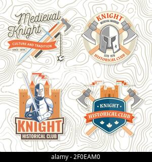 Écusson du club historique Knight, motif t-shirt. Illustration vectorielle. Concept pour chemise, imprimé, timbre, fond de page ou modèle. Motif typographique vintage avec chevalier avec épée et silhouette de château. Illustration de Vecteur