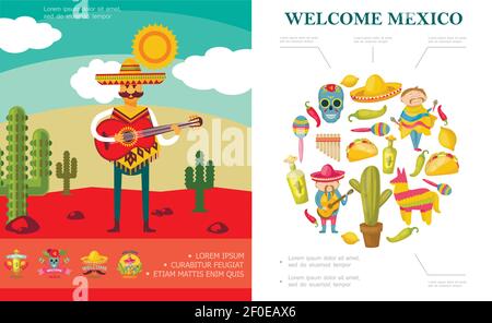 Flat Bienvenue au Mexique concept avec homme jouant de la guitare dans sucre du désert crâne cactus pinata maracas piment poivre tequila bouteille illustration du vecteur taco Illustration de Vecteur