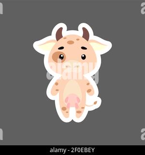 Joli petit sticker de vache de bébé. Personnage animal de dessin animé pour les cartes d'enfants, douche de bébé, invitation d'anniversaire, intérieur de maison. Vecto puéril de couleur vive Illustration de Vecteur