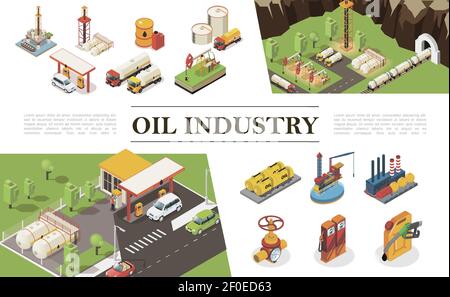 Composition isométrique des éléments de l'industrie pétrolière avec gazoduc d'usine et les barriques à valve les rigs de forage plate-forme d'eau les barriques les barriques les barriques Illustration de Vecteur