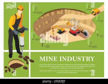Concept de l'industrie minière isométrique coloré avec perceuse à percussion et les machines industrielles extraient des minéraux dans l'illustration de vecteur de carrière Illustration de Vecteur