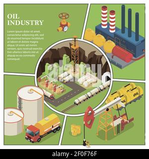 Composition isométrique de l'industrie du pétrole avec forage de dérailler d'une usine de raffinerie réservoirs de vanne de pompe à carburant et barils de vecteur de pétrole illustrati Illustration de Vecteur