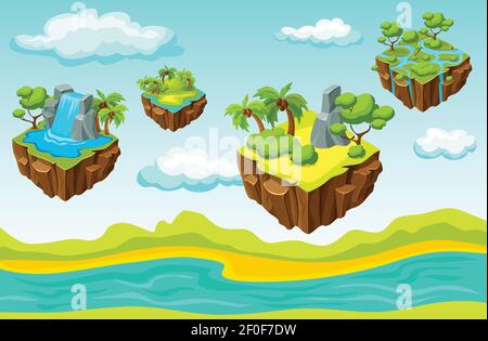 Niveau de jeu d'ordinateur comprenant des îles suspendues avec divers paysages sur illustration vectorielle de modèle isométrique d'arrière-plan paysage naturel Illustration de Vecteur