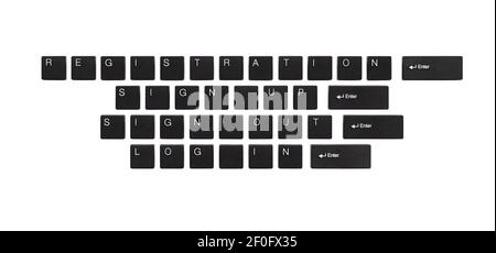 Texte « enregistrement », « enregistrement », « Déconnexion », « connexion » à partir des touches du clavier, isolé sur blanc Banque D'Images