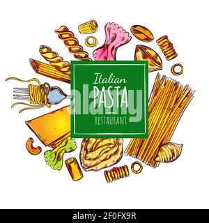 Les pâtes italiennes isolées étiquetez la composition ronde des produits macaroni dessinés et fond de page carré avec illustration vectorielle de texte modifiable Illustration de Vecteur