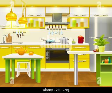 Cuisine moderne colorée design intérieur avec cuisine nécessaire récemment rénovée illustration vectorielle de mobilier et d'ustensiles Illustration de Vecteur